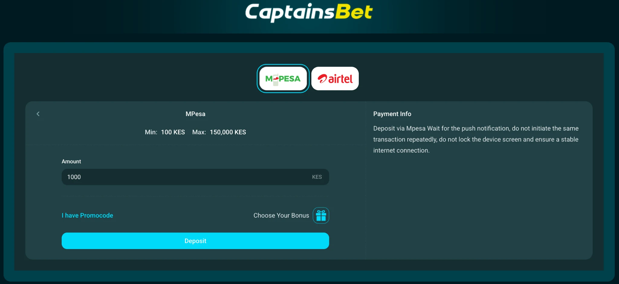 CaptainsBet Kenya payments with M-Pesa Airtel Money and Binance Pay