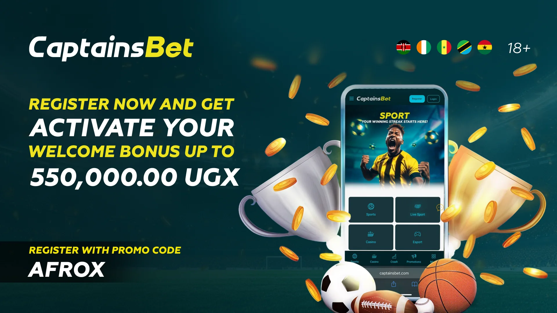 CaptainsBet Uganda mobile sports bonus promotion up to 550,000 UGX
