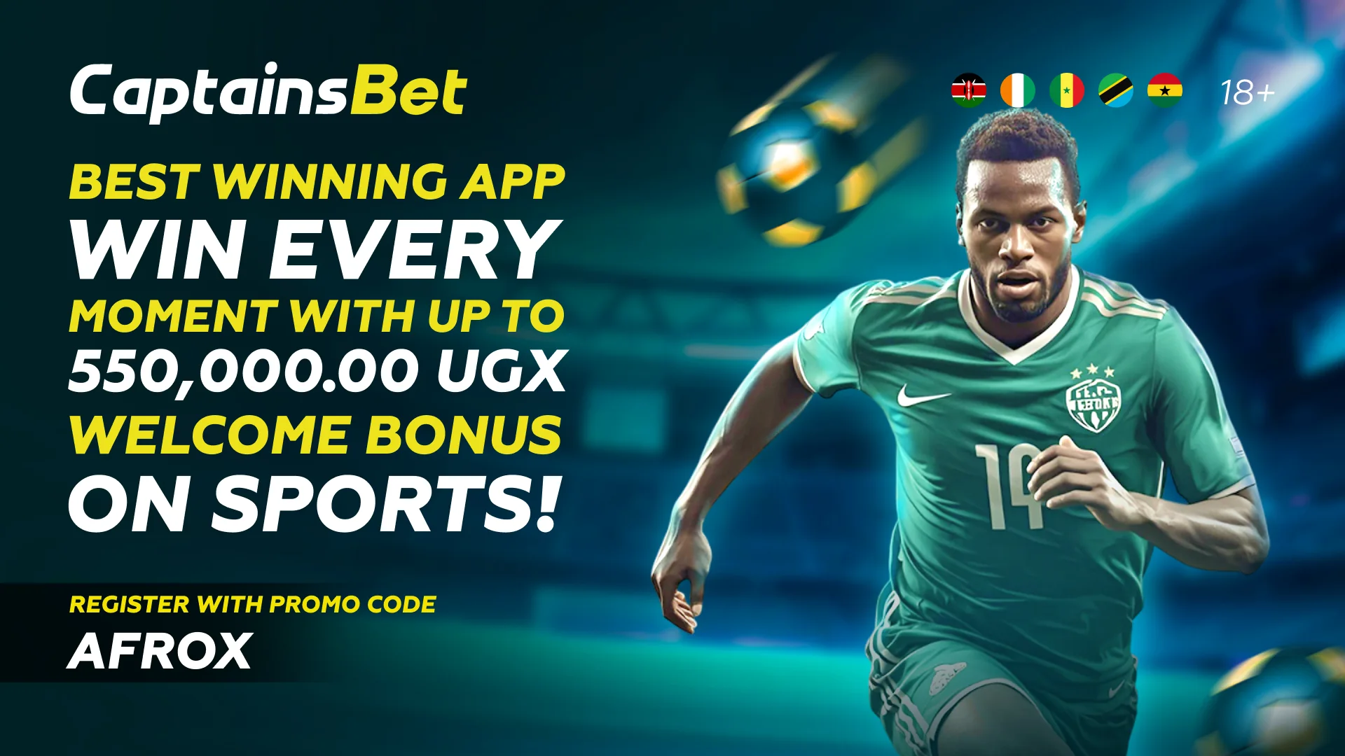 CaptainsBet Uganda sports welcome bonus up to 550,000 UGX with promo code AFROX