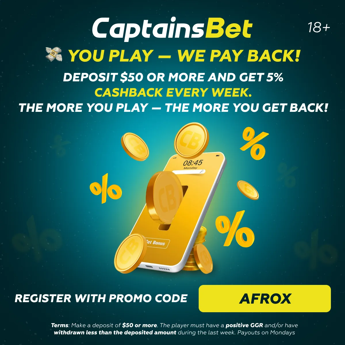 CaptainsBet promotional banner for 5% weekly cashback with promo code AFROX