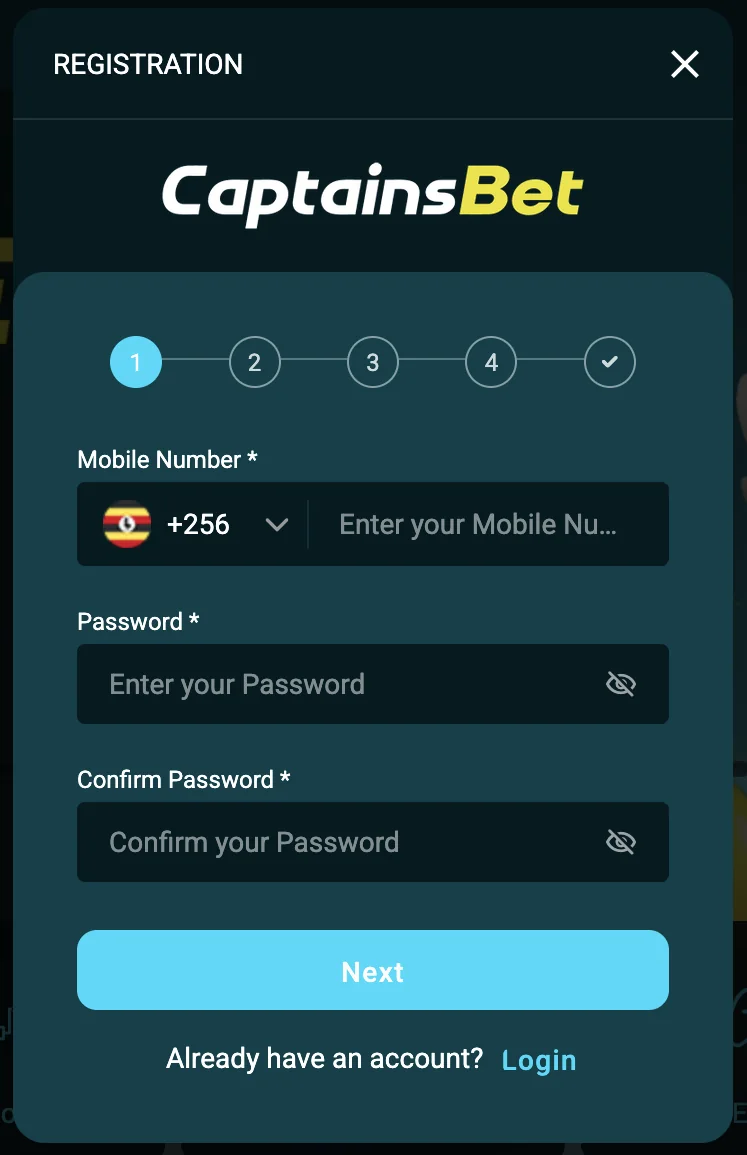 CaptainsBet Uganda registration step 1 with +256 mobile number and password fields