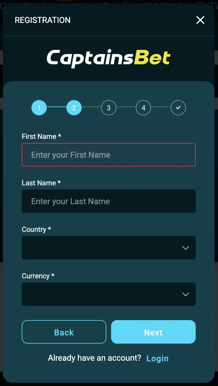 CaptainsBet registration step 2 with name country and currency fields