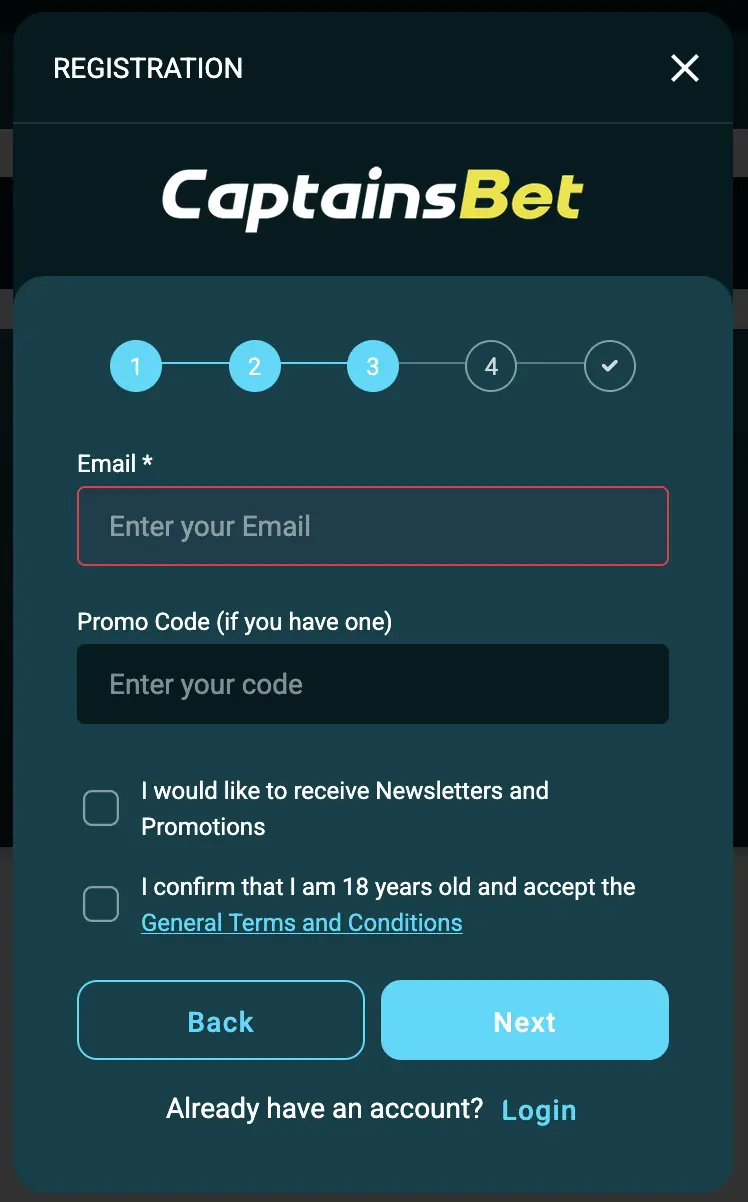 CaptainsBet registration step 3 with email and promo code field