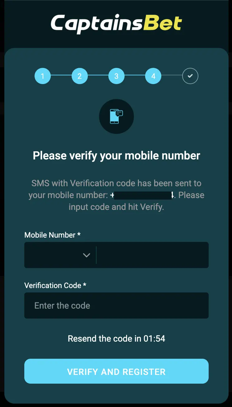 CaptainsBet registration step 4 SMS mobile verification