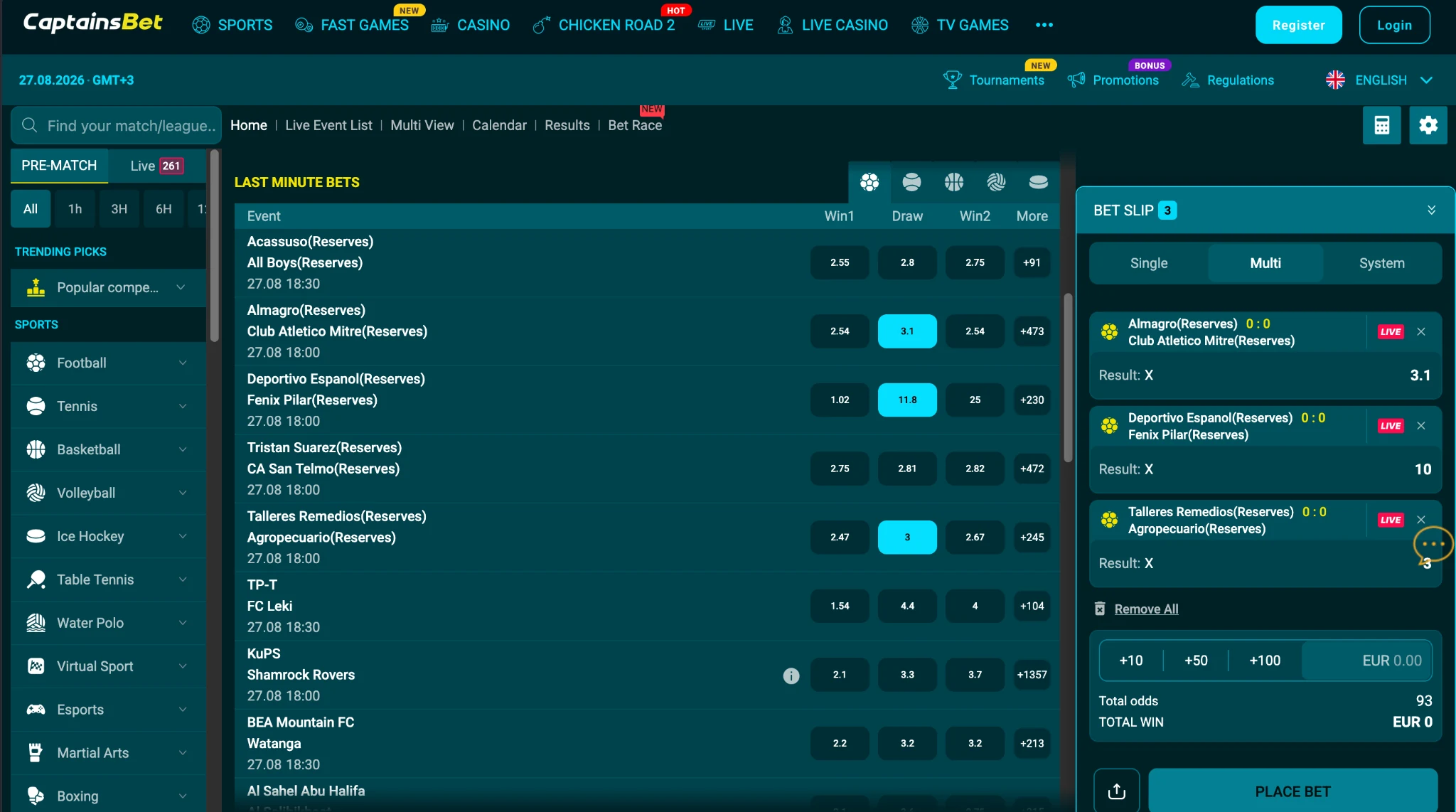 CaptainsBet sportsbook interface with sports markets and bet slip