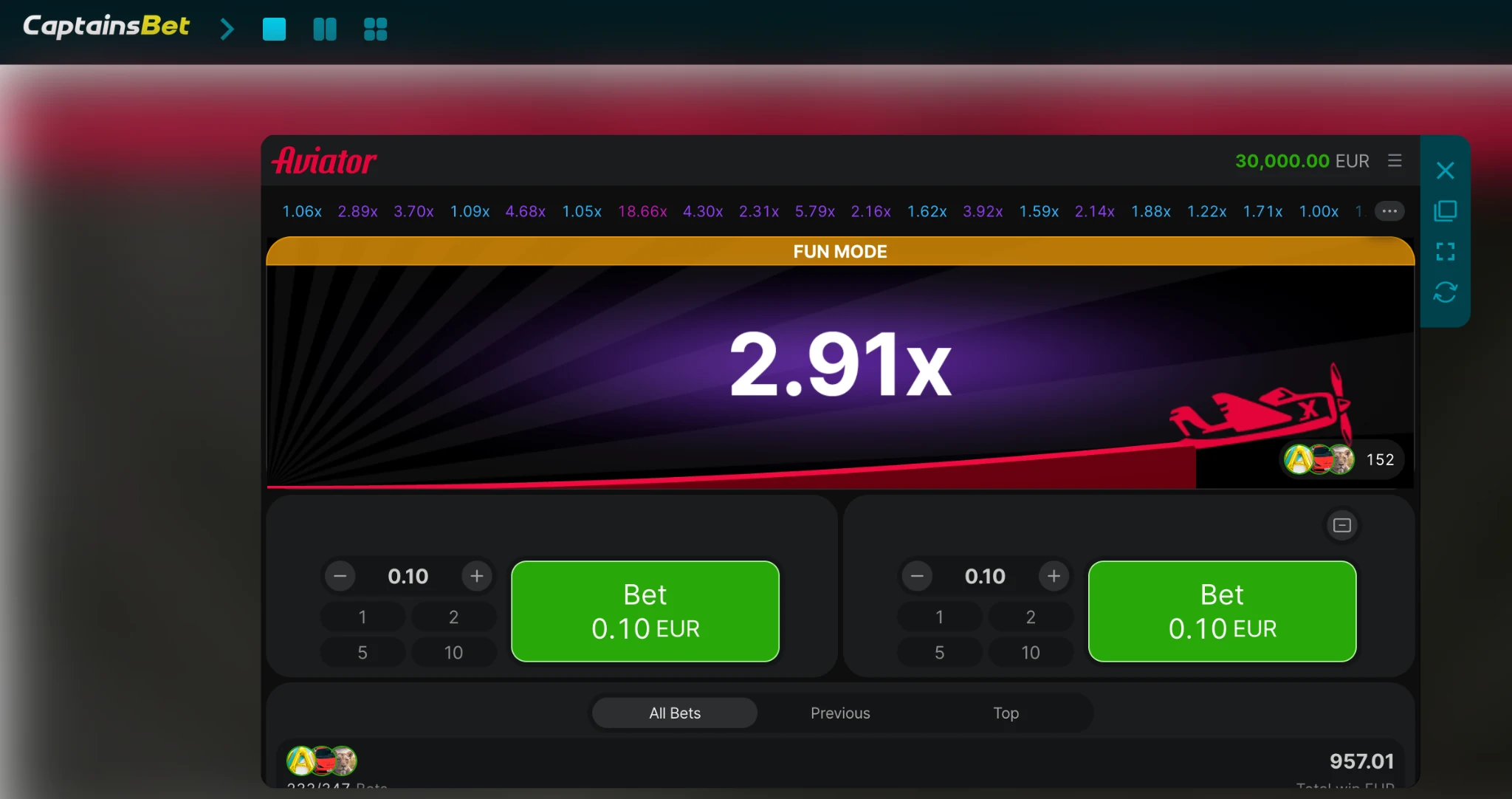 CaptainsBet Zambia Aviator game interface with multiplier and betting panels