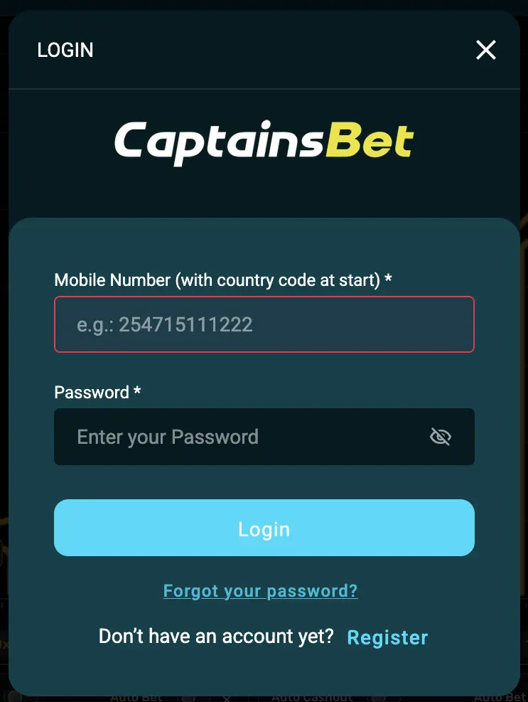 CaptainsBet Zambia login form with phone number and password fields