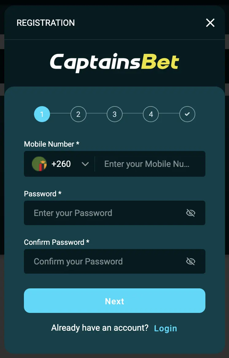 CaptainsBet Zambia registration step one with +260 mobile number and password fields